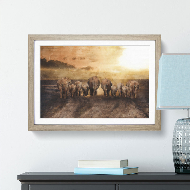 Herd of Elephants on a Dusty Road - Picture Frame Painting Print, 62cm H x 87cm W x 2cm D, Oak Framed