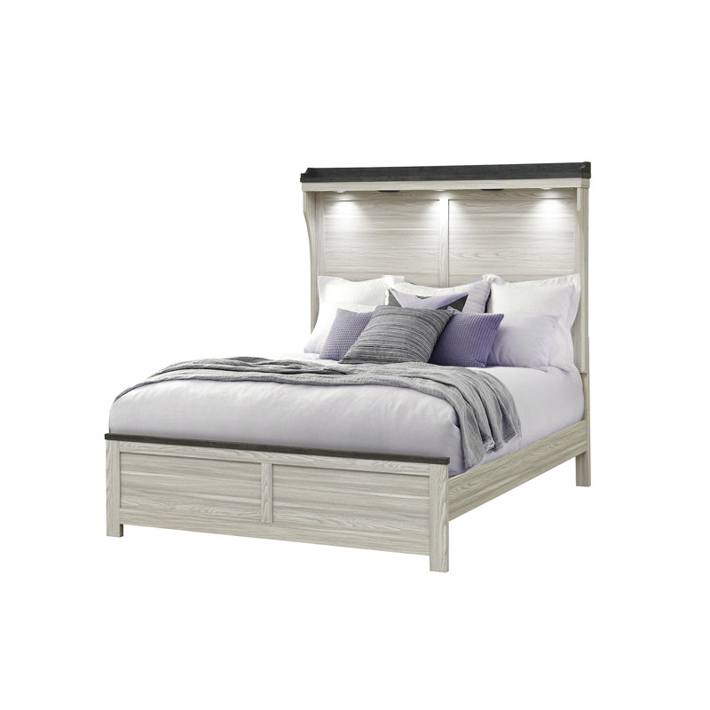 Queen Bed Brown With Lit Panel Headboard, Low Profile Frame Constructed By Solid Wood And , Wood, For Bedroom Use, Box Spring Required Application,