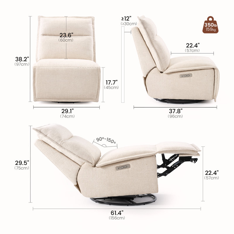29.1" Wide Modern Linen Blend Armless Zero Gravity Swivel Power Recliner, Built-In USB & Type-C Ports