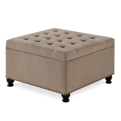 Linen Blend Upholstered Square For Living Space And Style With Wood Legs Elegant Tufting