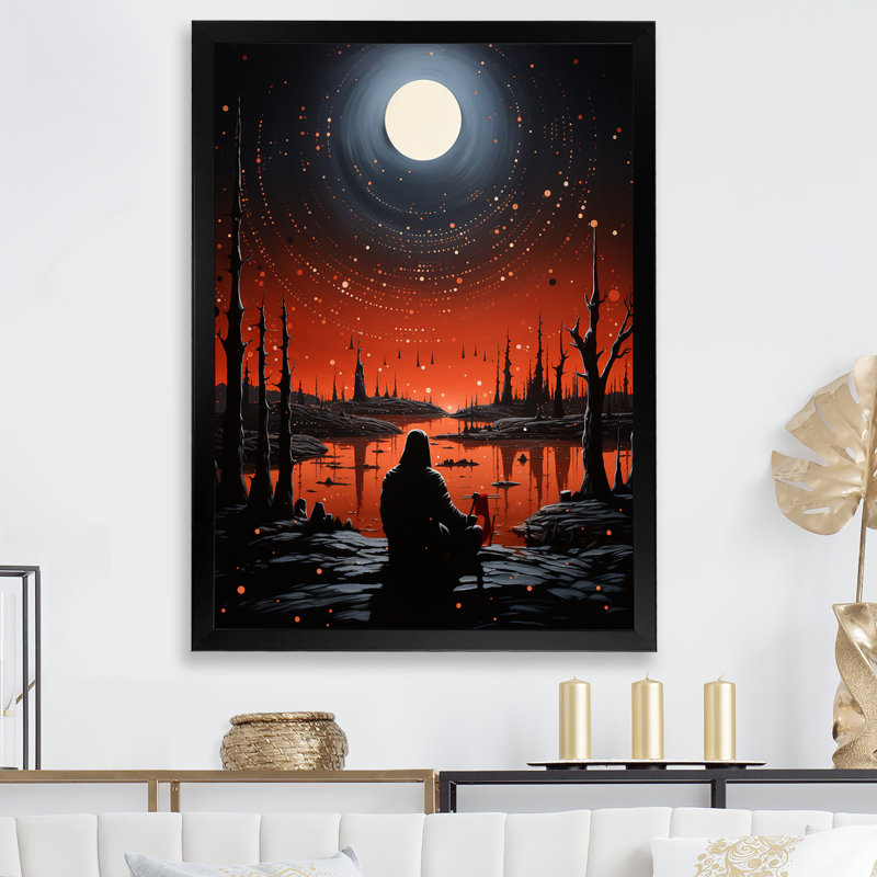 Cérémonie Native Moonlit, paysage, art mural amérindien, salon, Cadre simple noir, H 40 po x l 30 po x P 1,5 po