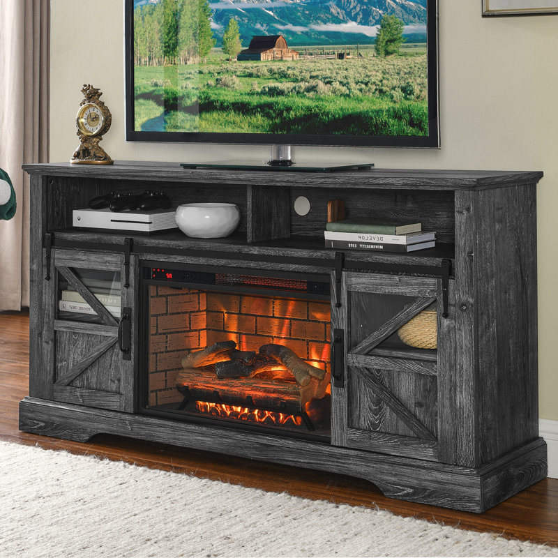 Crédence de rangement Jacintha l 60 po avec foyer électrique inclus, Chêne foncé