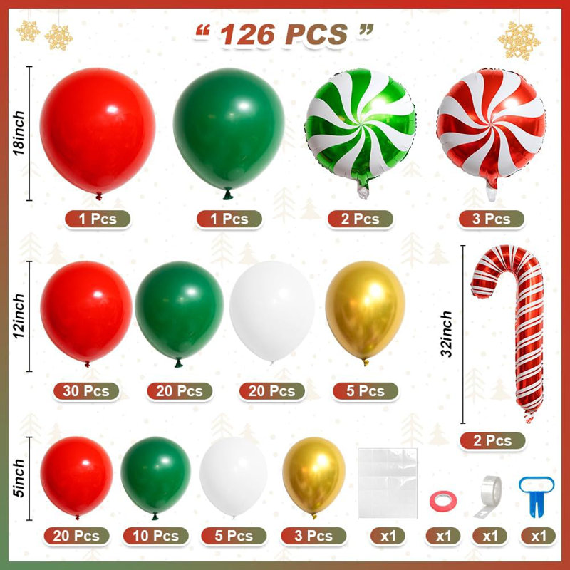Ensemble de 126 guirlandes de guirlande ballon rouge vert et blanc, 126 pièces