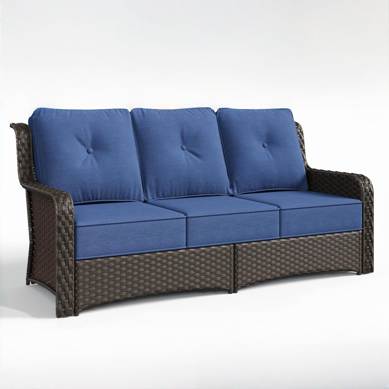 Outdoor Wicker 3-Seat Patio Sofa, Luxury Patio Furniture with High Back & 73.82'' Wide Armrests, Blue