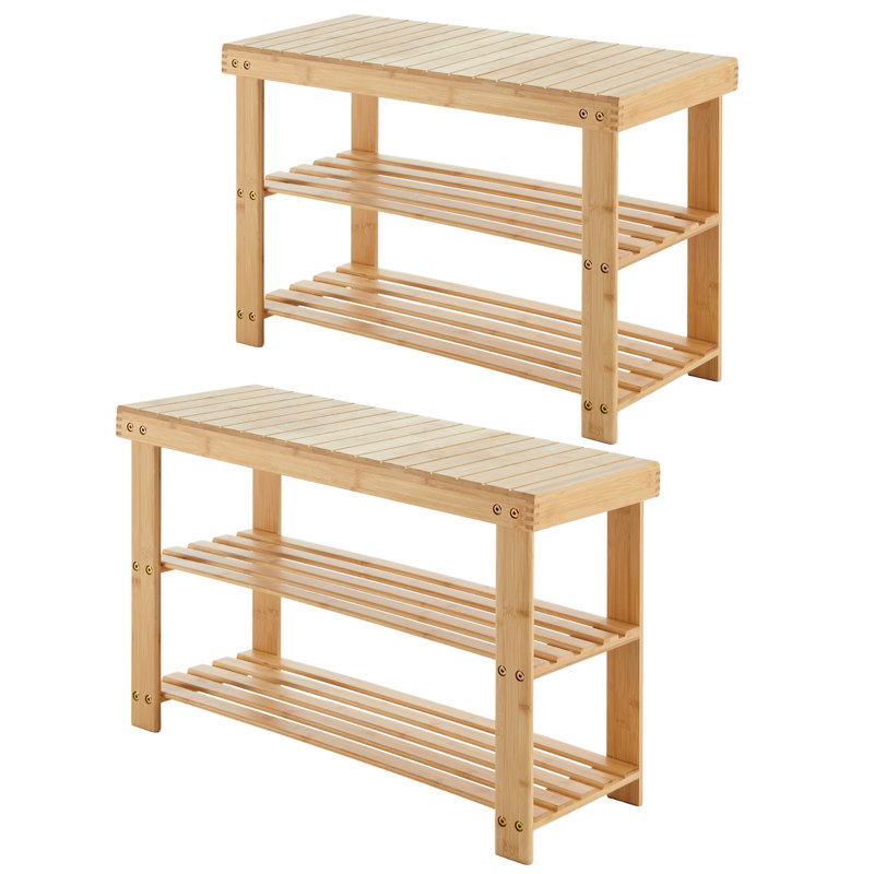 (Paquet de 2) Banc à chaussures en bambou naturel d'une capacité de 6 à 9 paires, tabouret de rangement à 3 niveaux, banc d'entrée / de bout de lit
