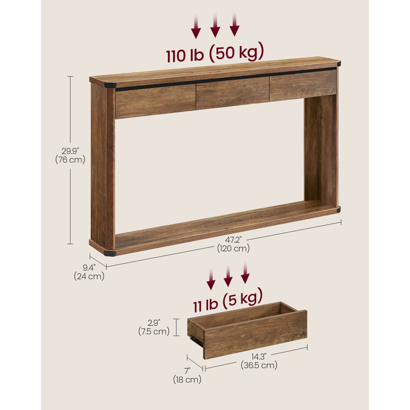 Marasco Console Table With 3 Drawers,  Narrow Entryway Table, Farmhouse Style, Honey Brown, 29.9" H x 47.2" W x 9.4" D