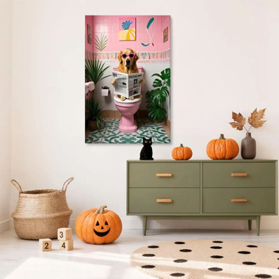 1pc Framed Kratzer Painting Golden Retriever, Pink Bathroom Reading Newspaper, Pop Art Style Decor Print Vintage Wall Poster Home Decor Perfect Gift for Modern Artwork For Bedroom Living Room