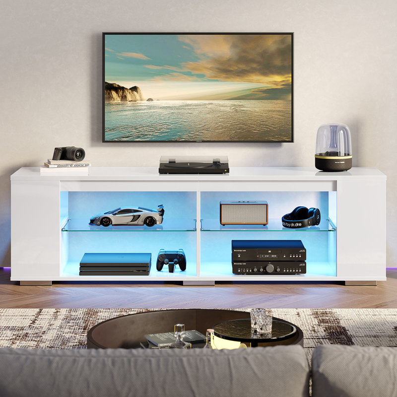 71" High-Glossy TV Stand For TVs Up to 80" Modern TV Console with LED Lights and 4 Open Shelves, White