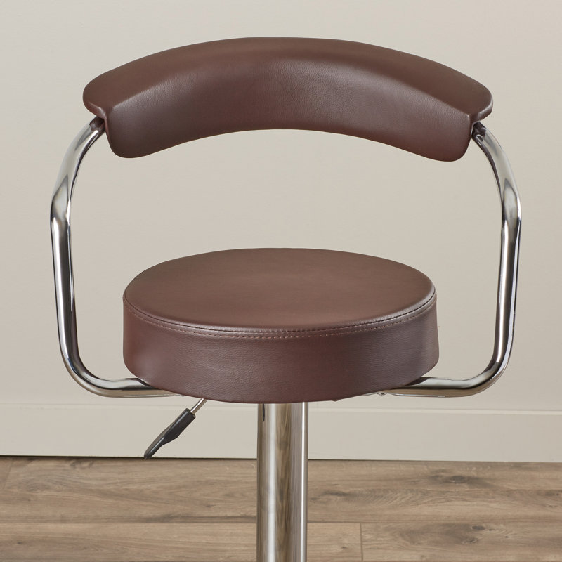 Tabouret de bar contemporain en vinyle réglable en hauteur avec accoudoirs et base en chrome, Brun, 1