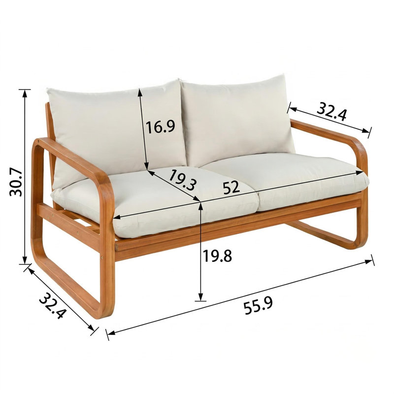 Ensemble de conversation d'extérieur en bois d'acacia de style moderne Mid-Century pour 4 personnes avec causeuse, chaises et table basse Saro, coussins épais pour le patio, la piscine et la cour