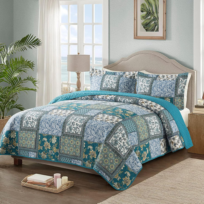 HoneiLife Windsor Gardens Green Blended Quilting 3-Piece Queen Size Bedding sets, Queen