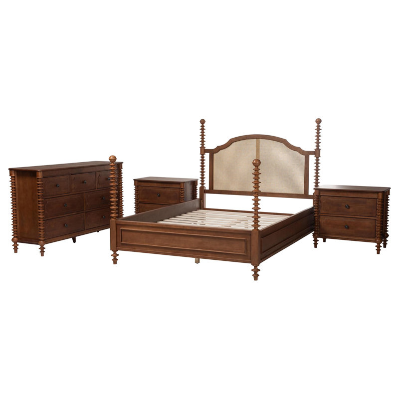Ensemble de chambre à coucher Dameko 4 pièces avec tables de chevet à 2 tiroirs, format Queen, brun noyer, Walnut, Queen