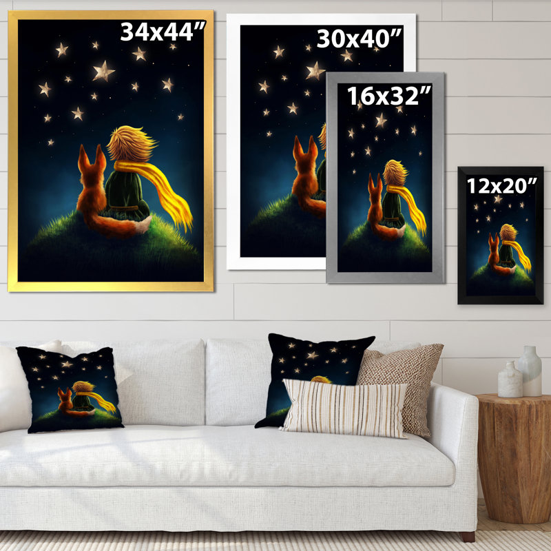 Petit garçon avec renard, Le Petit Prince, impression sur toile, H 21,5 po x l 13,5 po, Cadre argenté