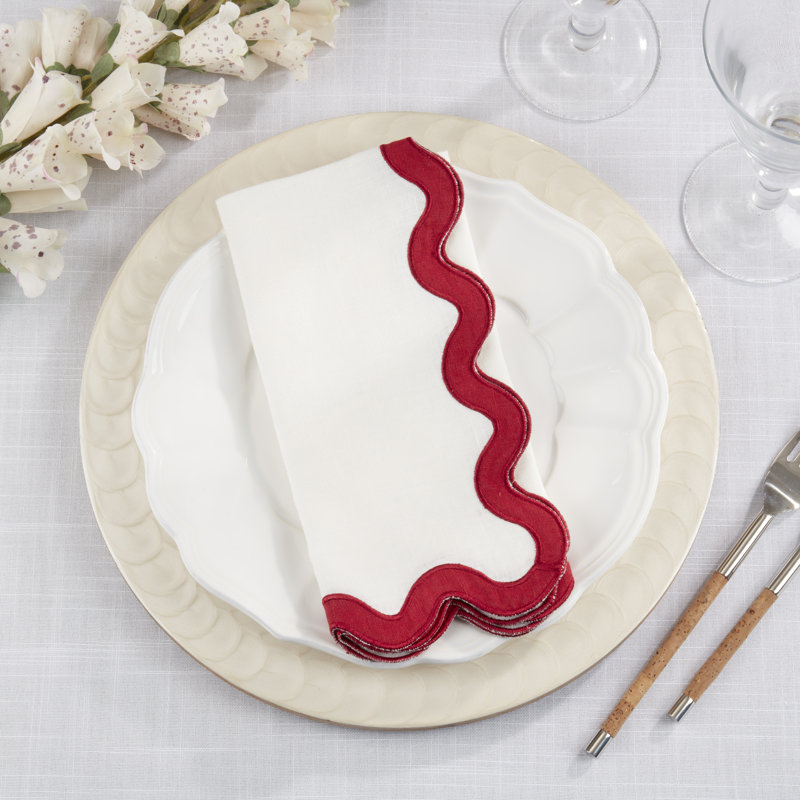 Serviette 100% lin à teinte douce festonnée (ensemble de 4), Rouge