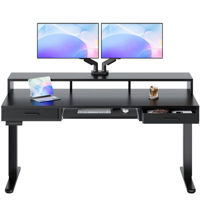 63*26 Electric Standing Desk With 24.4" Large Keyboard Tray & 2 Drawers, Deeper Desktop Adjustable Sit Stand Desk With 4 Height Presets, C-Clamp Mount Compatible Computer Desk For Office