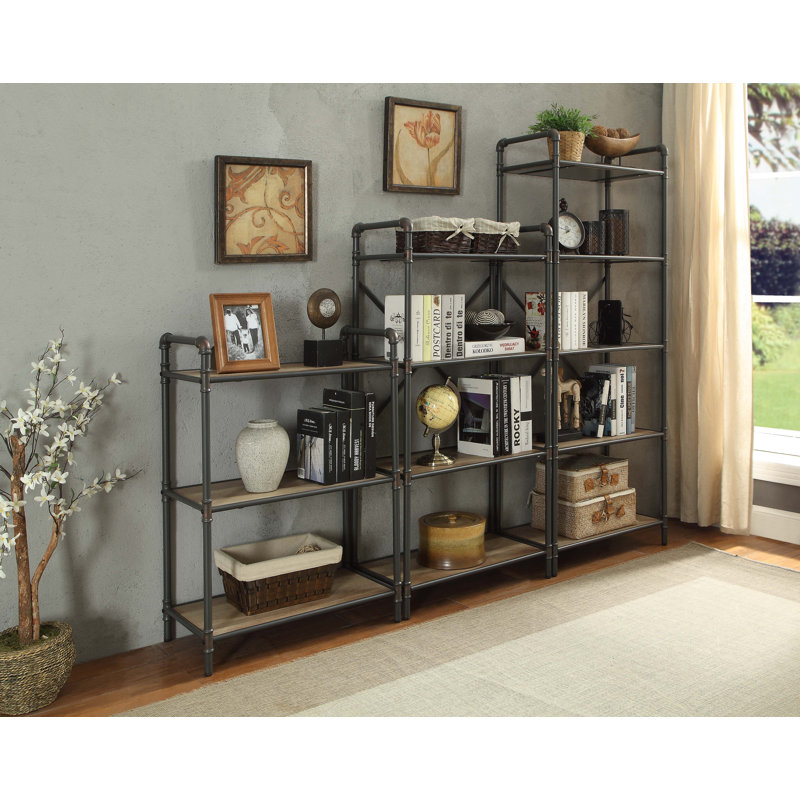 Forshee Geometric Bookcase in Antique Oak and Sandy Gray, (5 Shelves) 63" H x 26 " W x 14" D Duplicate