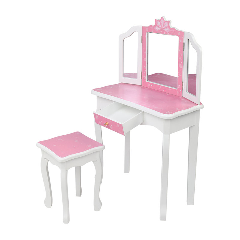 Ensemble de coiffeuse pour enfant en bois massif avec miroir Hannakaisa, Rose
