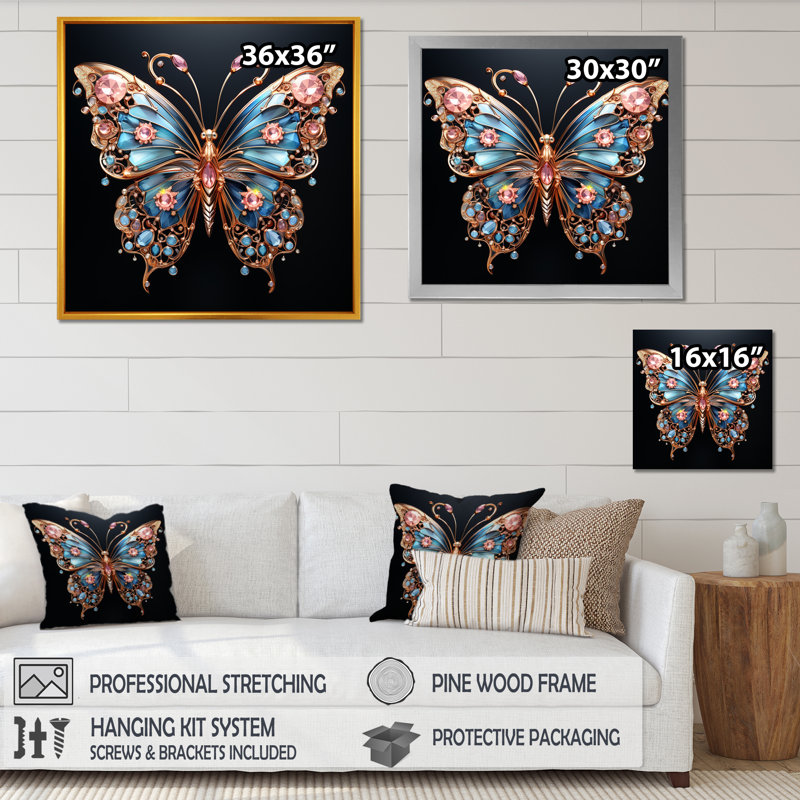 «Blue and Pink Crystal Butterfly I», art mural papillon, H 16 po x l 16 po x P 1 po, Cadre simple blanc