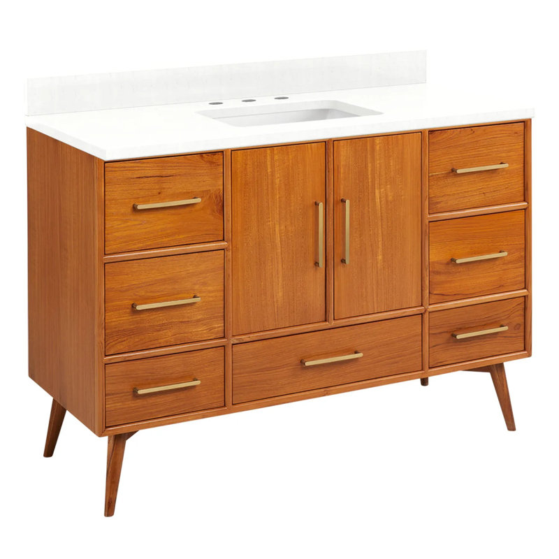 48" Novak Single Bathroom Vanity Set with Rectangular Undermount Sink, Natural Teak, 8" Widespread, Feathered White Quartz