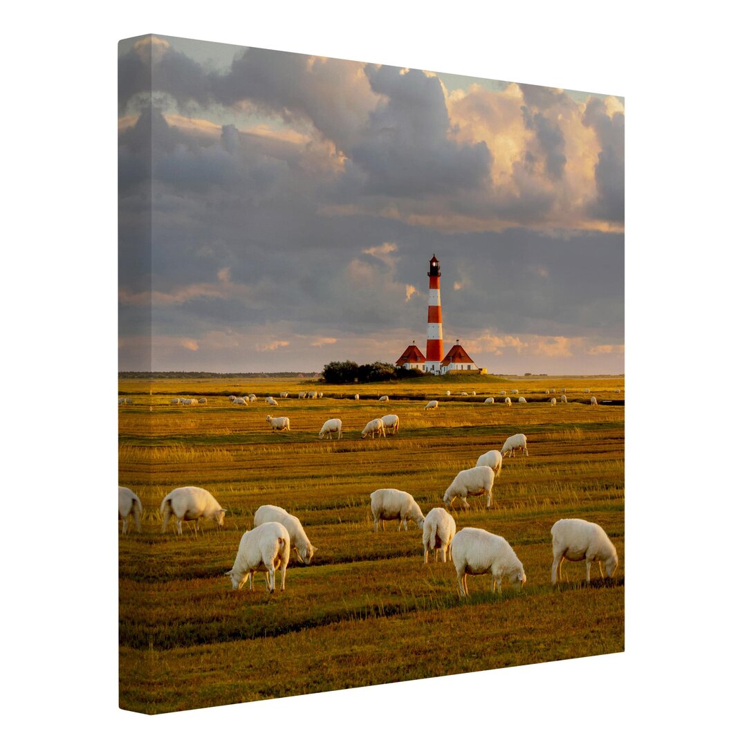 Leinwandbild Nordsee-Leuchtturm mit Schafherde