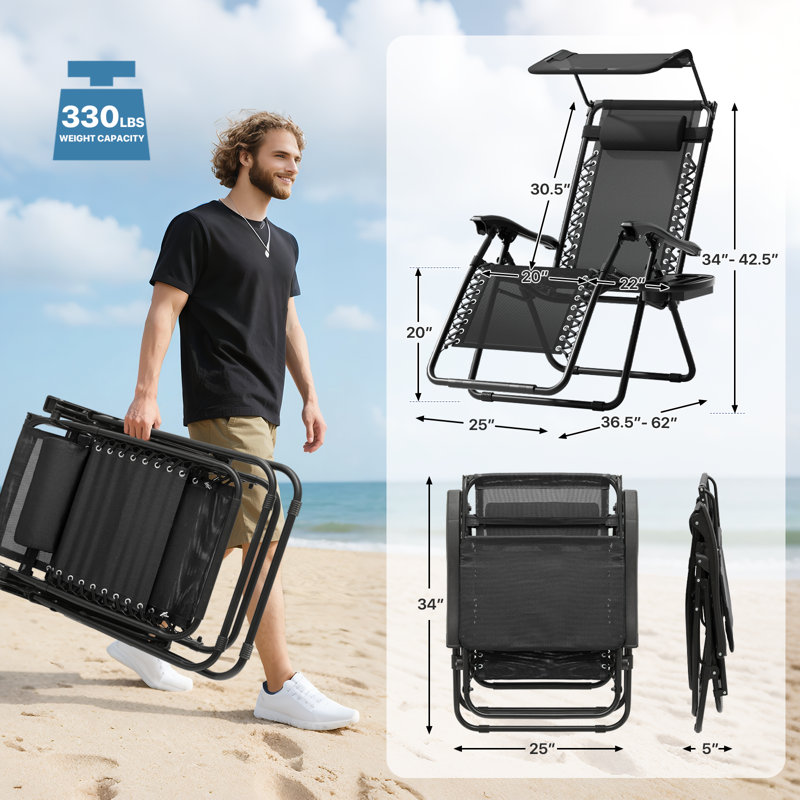 Set of 2 Zero Gravity Chairs, Folding Recliner Outdoor Lounge Chairs With Adjustable Sunshade and Cup Holder Tray, Black