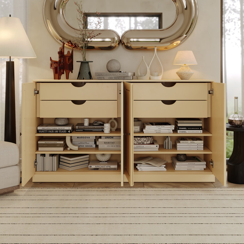 100% Solid Wood 64" Sideboard with Solid Doors, 4-Drawers and Adjustable Shelves, Yellow