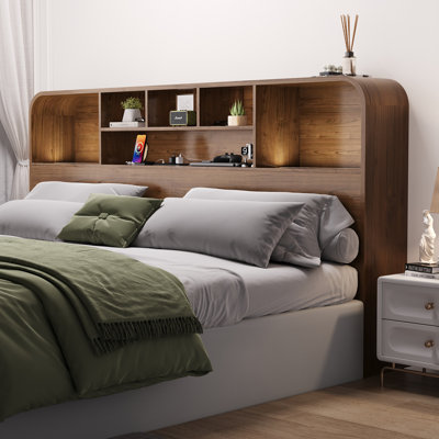 Rounded-Edge Bookcase Headboard with LED Lighting & Built-In Charging Station, King