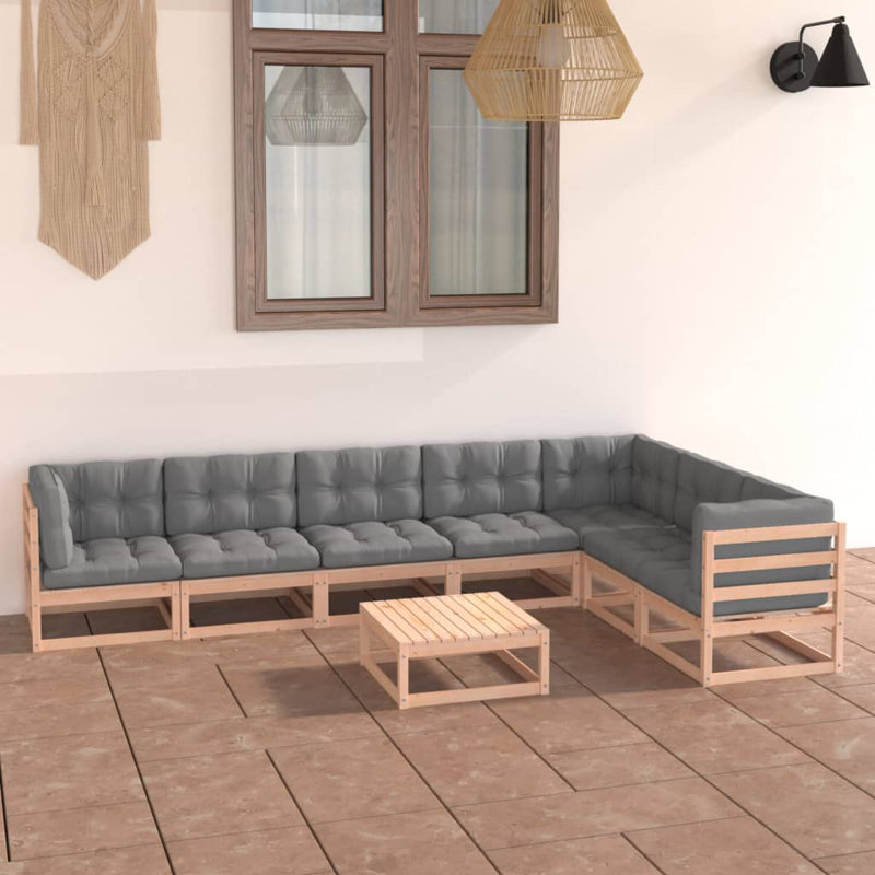 Azha Solid Wood 7 - Person Seating Group with Cushions, Brown, Grey