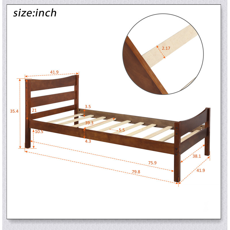 Lit plateforme en bois avec tête de lit et lattes en bois, Noyer, Lit simple