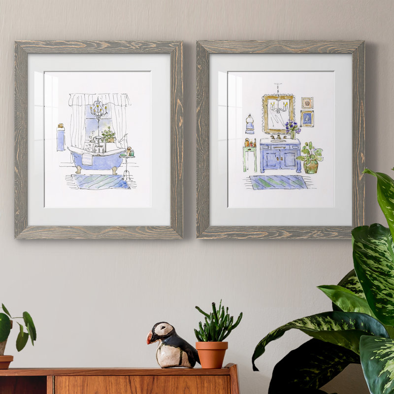 " Sketchy Bath I " 2 - Pieces, 20" H x 17" W x 1" D, Grey Framed