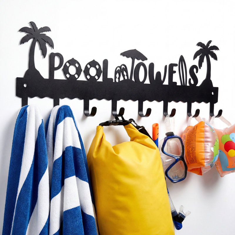 Porte-serviettes mural pour piscine en fer forgé avec crochets extérieur imperméable et antirouille pour les serviettes