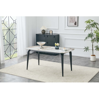 Table de salle à manger rectangulaire moderne, plateau en pierre frittée de qualité supérieure avec base en métal robuste, table de cuisine et de salle à manger résistante à la chaleur et aux égratignures (1 table)