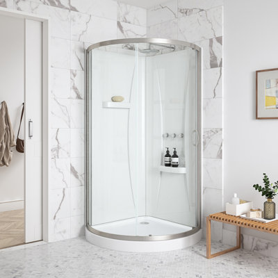 Breeze 40 in. L x 40 in. W x 76.18 in. H Round Corner Shower Kit in Satin Nickel, Clear Sliding Door, Walls and Pan
