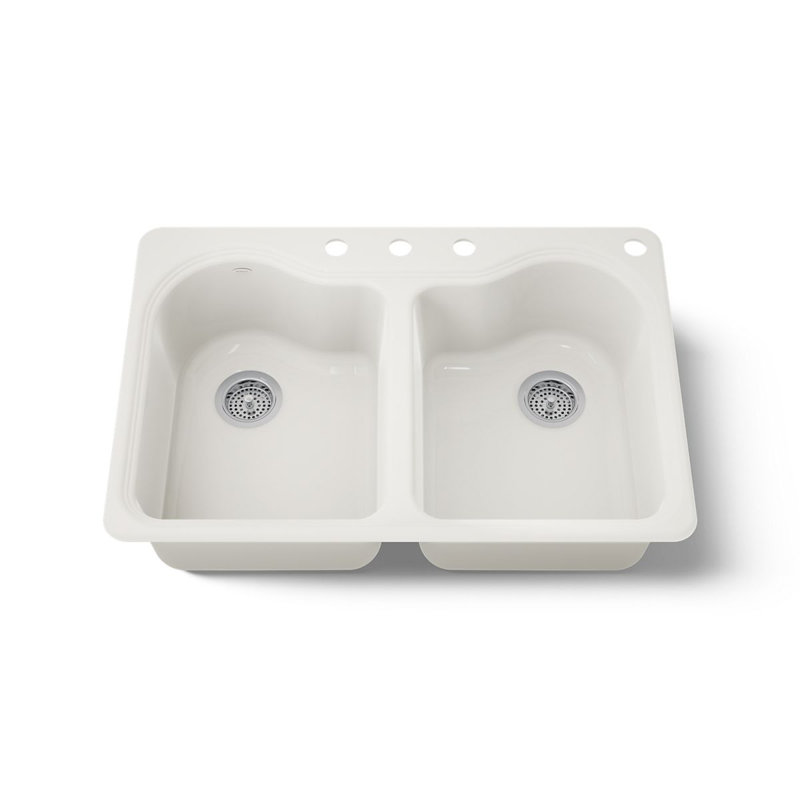 Évier de cuisine à double cuve à montage sur plan L 33 po x l 22 po x 9 5/8 po Hartland, 4 trous, Biscuit