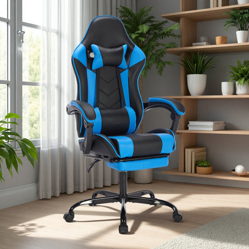 Chaise de jeu avec repose-pieds, chaise d'ordinateur ergonomique avec appui-tête et support lombaire, chaises de jeu vidéo à hauteur réglable en matériau respirant pour adultes