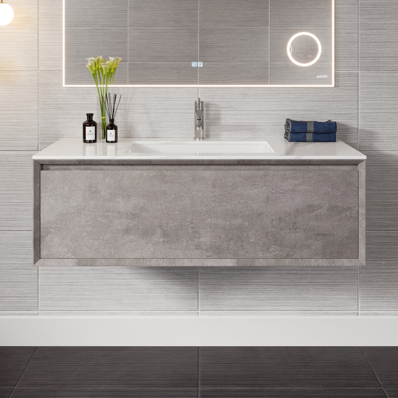 Aurora 40 In. Concrete Gray Wall Mount Single Sink Bath Vanity With Carrara Quartz Top And Undermount Porcelain Sink, 40"