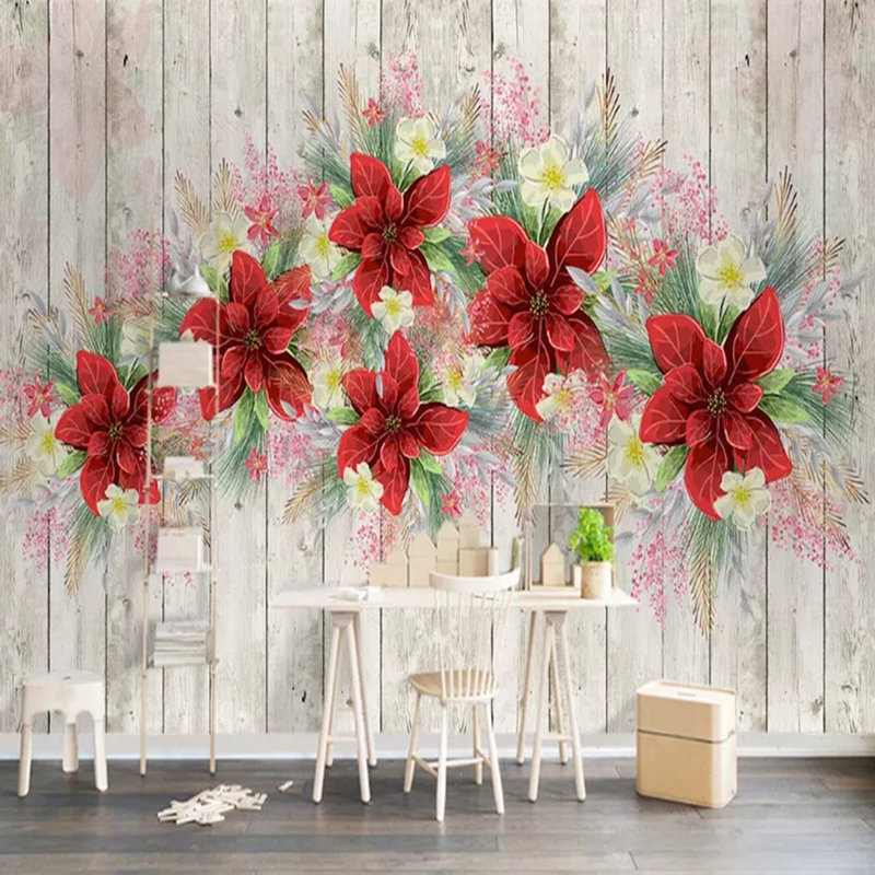 Papier peint guirlande florale rouge sur fond de bois rustique - motif mural botanique rétro, L 108 po x l 96 po