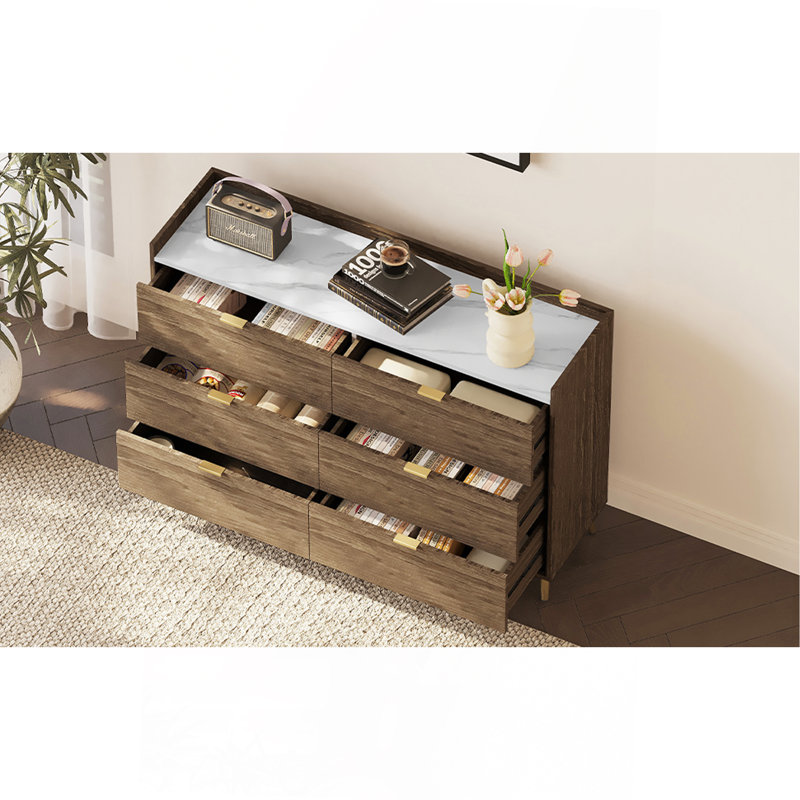 Commode 6 tiroirs avec plan de travail en marbre et pieds en métal pour le rangement de la chambre à coucher, Noyer