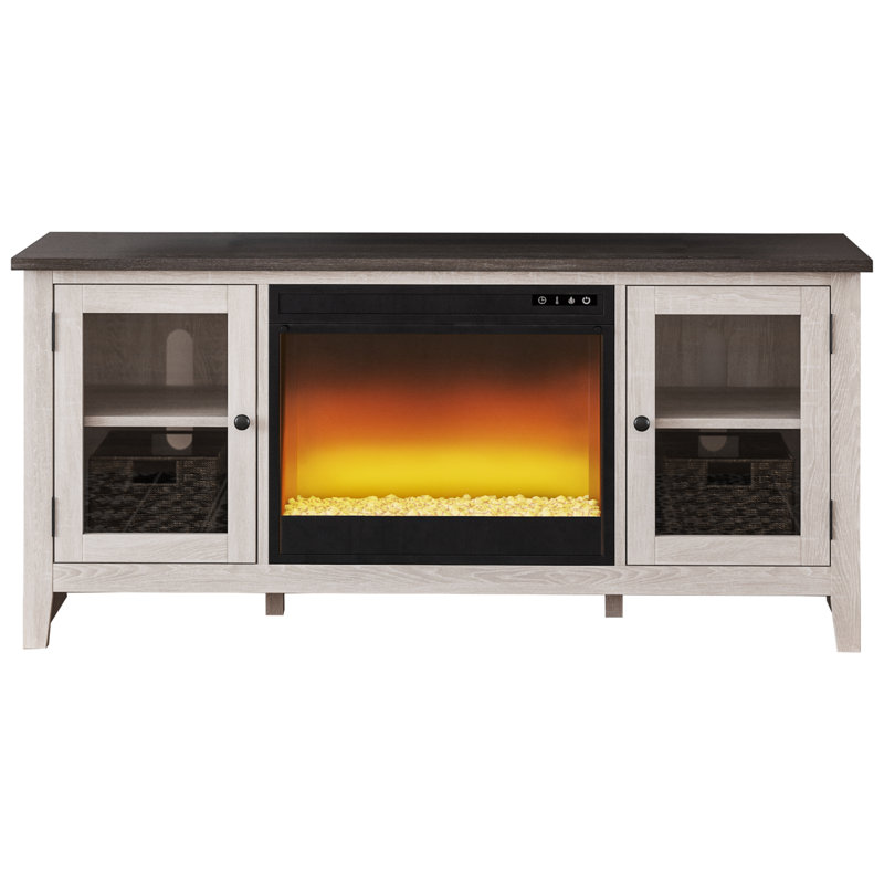 Meuble télé avec foyer pour téléviseur de 65 po ou moins Jamima, Blanc antique / gris foncé