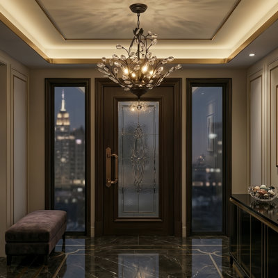 Lustre empire traditionnel unique à 4 lumières l 18 po Darcey avec détails en cristal et cadre en métal noir pour la salle à manger ou le salon