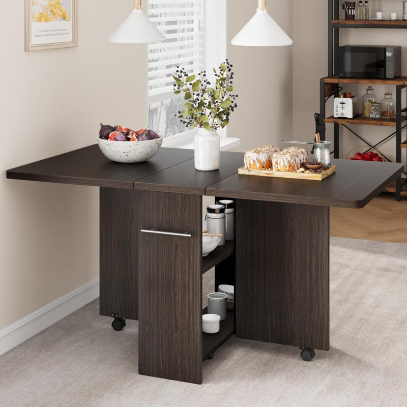 Folding Dining Table, Drop Leaf Dining Table With 6 Wheels And 2-Layer Storage Shelf, Tan