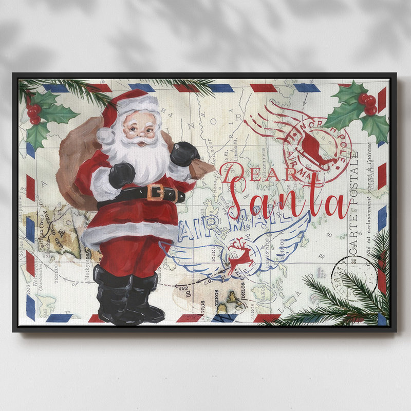 Toile tendue avec châssis en A, collection Christmas Par Avion, H 17 po x l 25 po x P 1,5 po, Cadre flottant noir