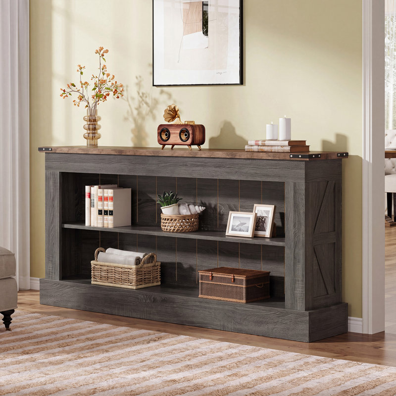 Console de 63 pouces avec rangement, long canapé d'entrée et table derrière le canapé, Brown Wood, Grey