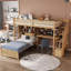 Lit mezzanine simple au-dessus de simple avec bureau intégré et escalier, avec compartiments de rangement et tablettes-1102871315