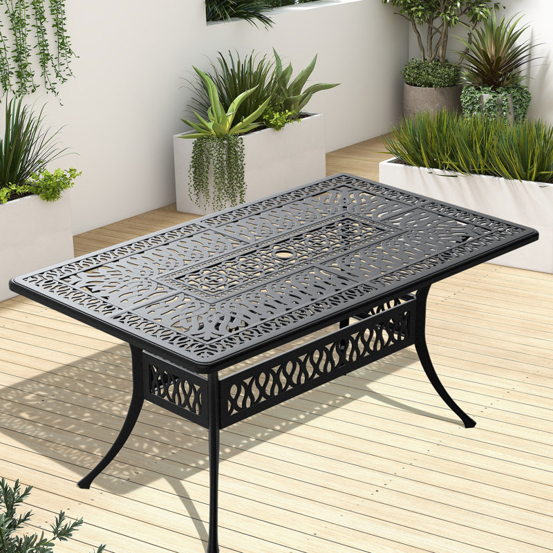 Table de salle à manger en aluminium coulé rouille - hauteur de 27,78 po, table de 58,93 po x 34,5 po, noir, trou de parasol, protégé, 6 sièges