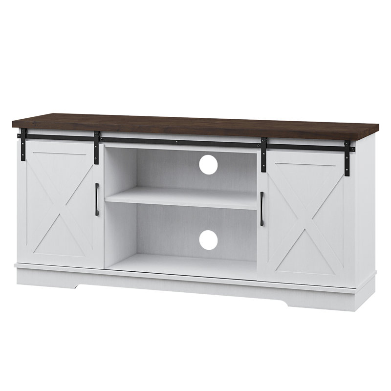 Farmhouse Style Entryway Shoe Bench - Modern White & Brown Contrast Barn Door Design - Sliding Doors, Storage Shelves, Cabinet - Ideal for Living Room or Bedroom - Brown/White Contrast Barn Door TV Stand