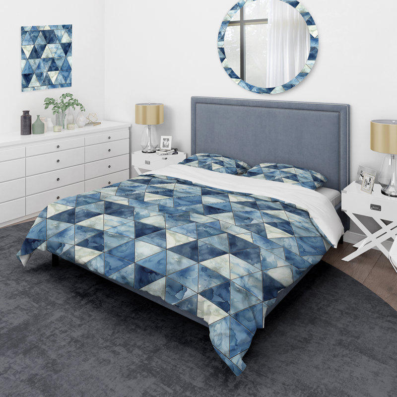 Blue White Triangles I - Ensemble de housse de couette moderne, Housse de couette pour grand lit + 2 taies décora
