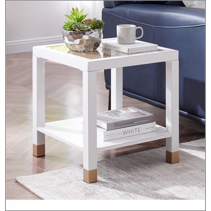 Boho Style Square Side Table With Tempered Glass Top And Metal Frame, 2-Tier Design For Living Room And Bedroom, White/Gold