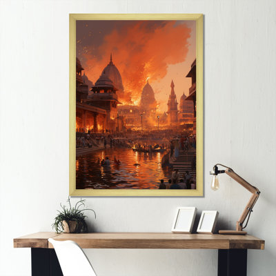 «Indian Art Orange Varanasi Ghats», art mural indien encadré
