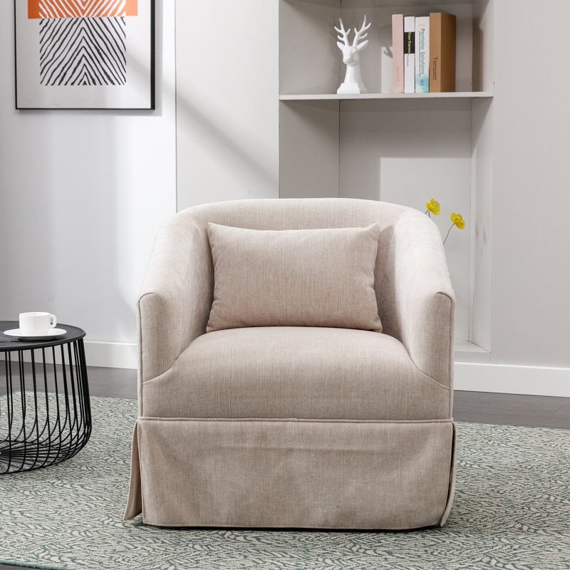 360-Degree Swivel Upholstered Armchair with Accent Pillow, Beige Linen Blend